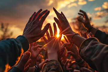 Powerful image capturing diverse hands reaching together towards the sunset, symbolizing unity diversity and collective hope. Ai genrated