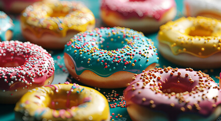 Top view of delicious colorful doughnuts with vibrant glaze, isolated on a blue surface.
