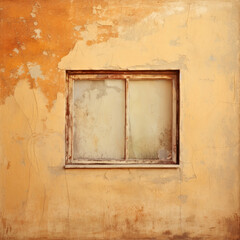 A window on a yellow wall with peeling paint. Monochrome peach fuzz background.