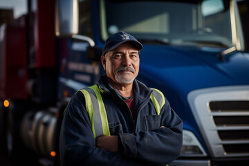 Fototapeta na wymiar Portrait of driver man truck car ready travel. Logistic center cargo trucks transportation shipping lorry delivery freight road. Generative AI