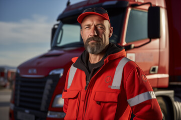 Portrait of driver man truck car ready travel. Logistic center cargo trucks transportation shipping lorry delivery freight road. Generative AI