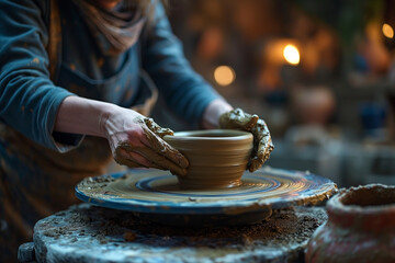 Dive into the artistry of pottery making as skilled potter hands mold clay on a spinning wheel creating timeless pieces. Ai generated - obrazy, fototapety, plakaty
