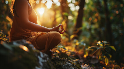Embrace serenity as a young girl finds tranquility in yoga meditating amidst the lush forest bathed in warm sunlight. Ai generated - obrazy, fototapety, plakaty