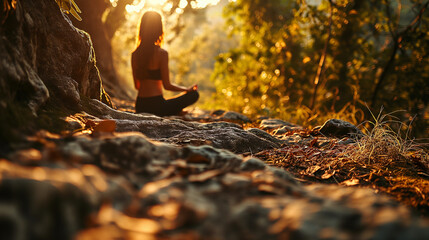 Embrace serenity as a young girl finds tranquility in yoga meditating amidst the lush forest bathed in warm sunlight. Ai generated