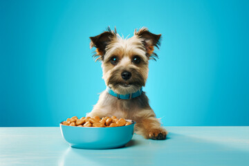 
A joyful little dog savors a hearty meal, standing with a smile in front of a bowl of dog food against a light blue background.