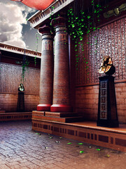 Fantasy scene with a wall of an ancient Egyptian temple, with hieroglyphs and the statue of a pharaoh. Made from 3d elements and painted parts. No AI used.  - 701439954