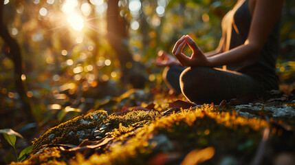 Embrace serenity as a young girl finds tranquility in yoga meditating amidst the lush forest bathed in warm sunlight. Ai generated