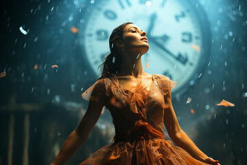 Obraz przedstawiający młodą kobietę na tle wielkiego zegara, symbolizującego upływ czasu piękno i sztukę. - obrazy, fototapety, plakaty
