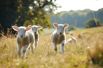 Happy lambs running in the meadow.
