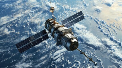Space satellite with antenna and solar panels in space against the background of the earth.