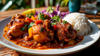 A traditional dish is chicken stewed in Belizean close-up. Restaurant serving.