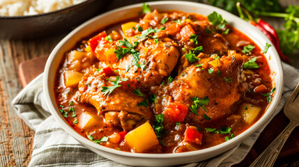 A traditional dish is chicken stewed in Belizean close-up. Restaurant serving.