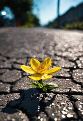 Une petite fleur qui pousse au milieu de la route dans du goudron - generative AI