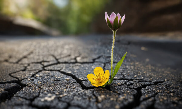 Une petite fleur qui pousse au milieu de la route dans du goudron - generative AI