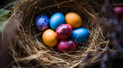 Fototapeta na wymiar Colourful Painted Easter Eggs, Vibrant Hues, Festive Decorations, Easter Tradition
