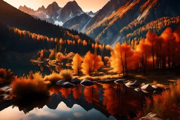 Foto auf Acrylglas Envision the first light of Autumn touching the mountains, creating a scene that blurs the lines between reality and fantasy. © Muhammad