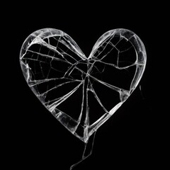 A broken glass heart on a black background.