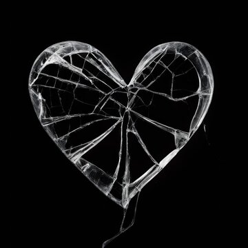 A broken glass heart on a black background.