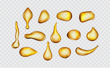 Set of liquid golden drops of water, honey or oil. Collagen cosmetic essence. Organic serum or argan bubbles. Falling gasoline yellow droplet.
