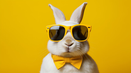 A white rabbit wears sunglasses and a bow tie on a yellow background.