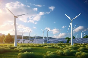 windmill on a colorful landscape with trees and rivers. green renewable electricity banner