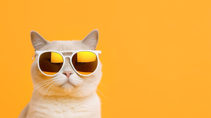 White cat in sunglasses on an orange background with copyspace