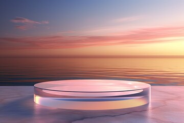 round peach glass transparent podium in water for the presentation of luxury products. waves of the...
