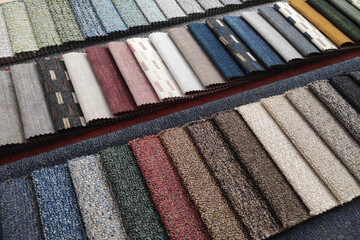 Colorful upholstery fabric samples in different colors