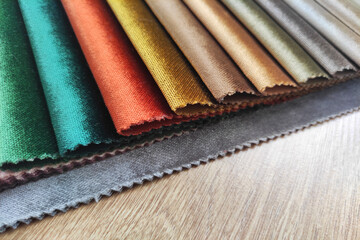 Colorful upholstery fabric samples in different colors