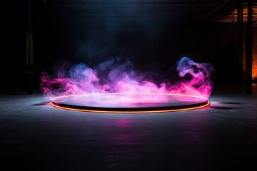 round transparent glass podium with texture of fiery magical neon transparent pink lava orange smoke. black backdrop