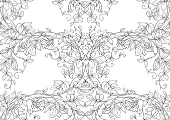 Fantasy flowers, decorative flowers and leaves in art nouveau style, vintage, old, retro style. Seamless pattern, background. Vector illustration. Outline hand drawing vector illustration.