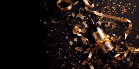 Celebration background with golden champagne bottle, confetti stars and party streamers. Christmas, birthday or wedding concept. Flat lay. free space.