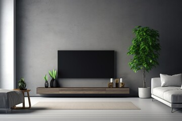 Living room of a house with tv hanging on wall and furniture