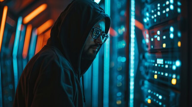 Ethical Hacker Working on Computer in Dark Server Room