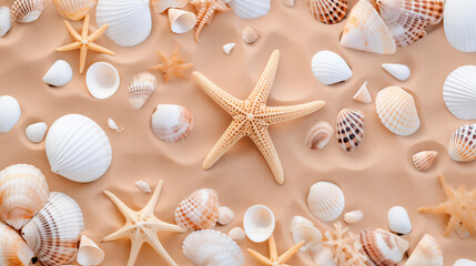 Fototapeta na wymiar Vista superior de una playa de arena fina con una colección de conchas marinas blancas y beige y estrellas de mar como fondo para el diseño de viajes de verano