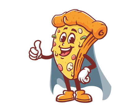 Pizza with caped superhero style cartoon mascot illustration character vector clip art hand drawn