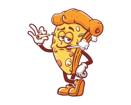 smoking Pizza cartoon mascot illustration character vector clip art hand drawn