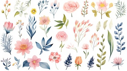 watercolor floral bouquet illustration set - blush pink blue yellow flower green leaf leaves branches bouquets collection. Wedding stationary, greetings, wallpapers, fashion, background. Generative Ai