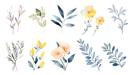watercolor floral bouquet illustration set - blush pink blue yellow flower green leaf leaves branches bouquets collection. Wedding stationary, greetings, wallpapers, fashion, background. Generative Ai