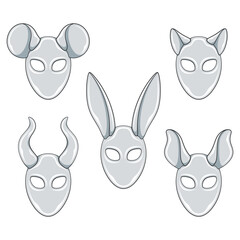 Set of color illustrations with silver masks rabbit, cat, mouse, horns ears. Isolated vector objects on white background.