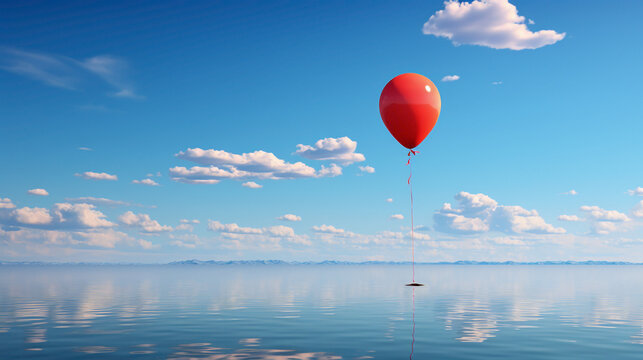A solitary crimson balloon floating in a clear cobalt sky.