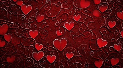 Background of small hearts with ornament of curls, in red colors. Generative Ai