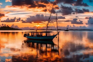Fishing boat at sunset time. Le Morn Brabant on background. Mauritius. Panorama landscape
