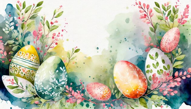 Watercolor illustration of Easter eggs, spring flowers and leafy branches
