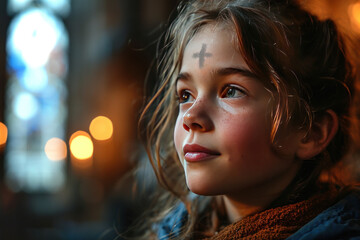 Girl with cross made from ash on forehead. Ash wednesday concept - Powered by Adobe