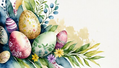 Obraz na płótnie Canvas Watercolor illustration of Easter eggs, spring flowers and leafy branches