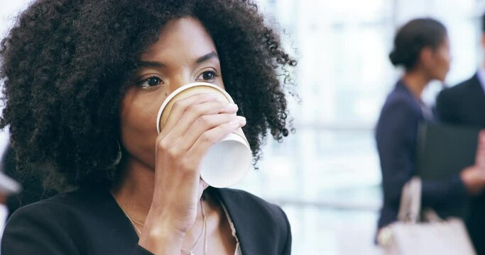 Coffee, Woman Or Drinking At Seminar, Business Or Convention For Break, Relax Or Thinking. Professional, Black Person Or Employee With Tea In A Modern Office, Building Or Corporate Conference Meeting