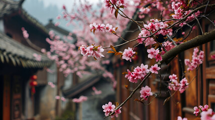 Sakura on the background of Chinese houses