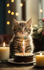 cat and candles, happy kitten with bithday cake sits near table, there is 1 candle in the cake, perfect composition, beautiful detailed , 8k photography. AI generated