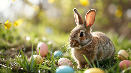 Fototapeta na wymiar grey easter bunny sitting in green grass with colorful easter eggs